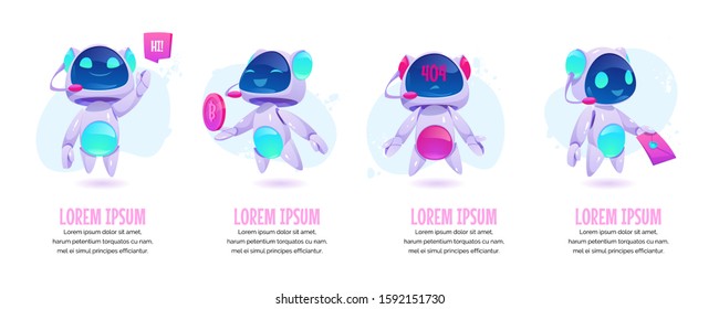 Chat bot banners set. Future marketing innovation, artificial intelligence digital technology, ai robot marketer financial business online consultation, customer support. Cartoon vector illustration