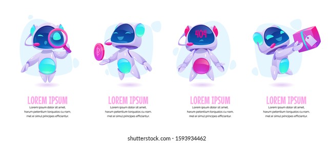 Chat bot banners set. Future marketing innovation, artificial intelligence digital technology, ai robot marketer financial business online consultation, customer support. Cartoon vector illustration