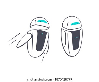 Chat bot character flying and stand still. Virtual support and communication concept. Vector flat illustration.