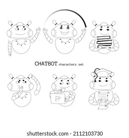 Chat bot characters set. Black line illustration chatbots. Cute robot chracters. Mascot robot. Clip art ai. Vector illustration