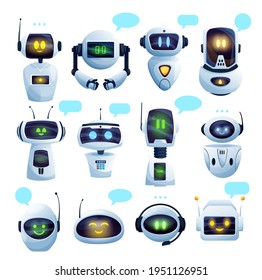 Chat bot or chatbot robot cartoon characters with vector speech bubbles. Ai robots of virtual customer support service and artificial intelligence online assistants with faces, microphones, antennas