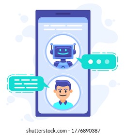 Chat bot communication. Smartphone chatting with conversation bot, chat assistant bot at cellphone screen, robots sms dialog vector illustration. Robot communication conversation chatting