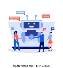 Chat bot concept with characters. People chatting with chatbot application. Modern vector illustration in flat style for landing page, mobile app, template, web banner, infographics, hero images.