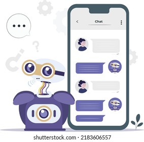 Chat Bot Concept Flat Design Illustration, 24x7 Support System, Chat Bot Replaying To Customer, Online Support System, Live Support, Ai Base Support System