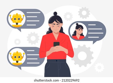 Chat bot concept. Girl typing on phone, social networks and chatting with friends. Modern technologies and digital world. Application for automating responses. Cartoon flat vector illustration