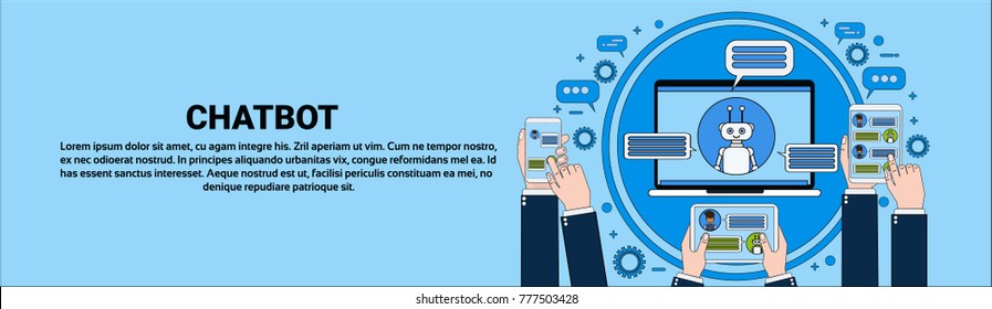 Chat Bot Concept Hand Holding Laptop, Tablet And Smart Phone Chatting With Chatter Horizontal Banner Online Support Service Technology Concept Vector Illustration