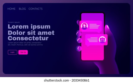 Chat bot concept. Hand holds  smartphone and communicates with a chat bot. Futuristic neon style. Vector illustration.