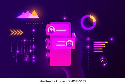 Chat-Bot-Konzept. Hand hält Smartphone und kommuniziert mit einem Chat-Bot. Futuristischer Neonstil. Vektorgrafik.