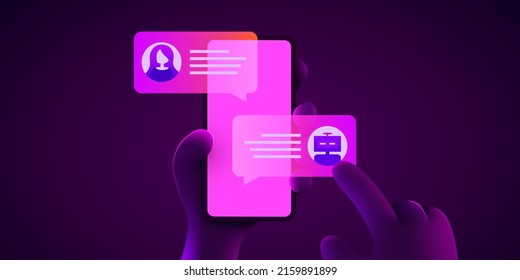 Concepto de bot de chat. Hand mantiene el smartphone y se comunica con un robot de chat. Estilo neón futurista. Ilustración vectorial.