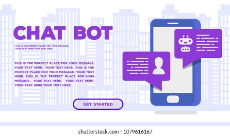 Chat bot concept web page trendy color isometric style for mobile service, communication technology, chatting messenger program, markening company, internet firm. Vector Illustration 10 eps