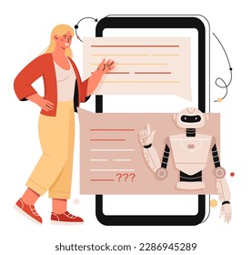 Concepto de bot de chat. La mujer se comunica con un asistente virtual. Asistente y robot, inteligencia artificial. Usuario que pide ayuda virtual e información. Dibujo vectorial plano de dibujos animados