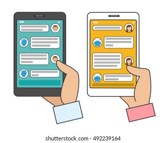 Chat bot connected. Man and woman chatting with AI chatbot in instant messenger on smartphone. Vector illustration