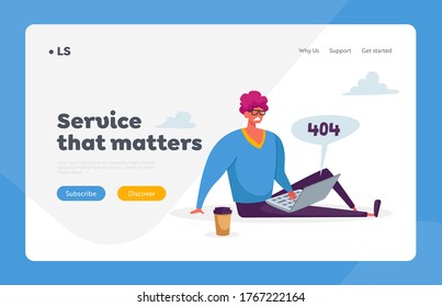 Chat Bot Consultation Landing Page Template. Sad Character with 404 Error on Laptop Need Technical Help. Client Chat with Ai Robot Chatbot. Faq Customer Online Support. Cartoon Vector Illustration