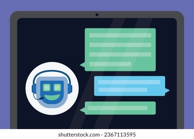 Chat bot conversation on device. Chatbot assistant character communicating with user online.  Artificial intelligence customer support illustration concept.
