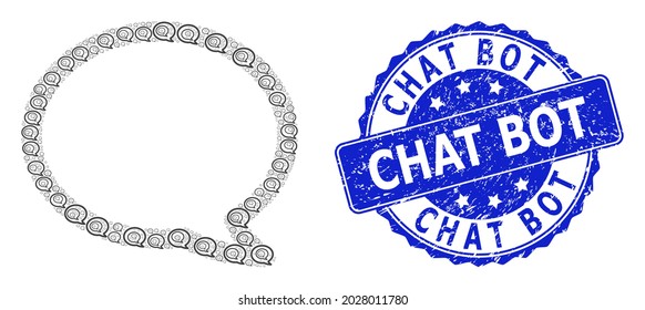 Chat Bot corroded round stamp seal and vector fractal collage message cloud. Blue seal includes Chat Bot tag inside round shape. Vector collage is created from repeating message cloud pictograms.