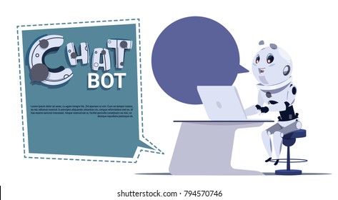 Chat Bot Cute Robot Use Laptop Computer Template Banner With Copy Space, Chatter Or Chatterbot Virtual Technical Support Service Concept Flat Vector Illustration