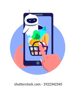 Chat Bot Cyber Robot Help to Order Food Online. Digital Delivery Basket with Goods,Food,Products.Shopping in Application.Sale,Consumerism on Smartphone Mobile App. Buy at Home.Flat Vector Illustration