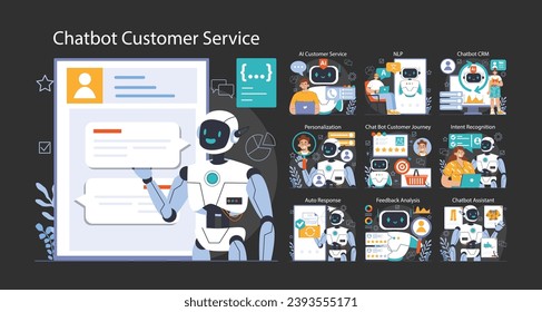 Chat bot dark or night mode set. AI-powered customer service. Online consultation with artificial neural network. Artificial intelligence virtual assistant. Flat vector illustration