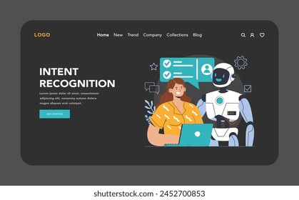 Chat bot dark or night mode web or landing. AI-powered customer service. Online consultation with artificial neural network. Artificial intelligence virtual assistant. Flat vector illustration