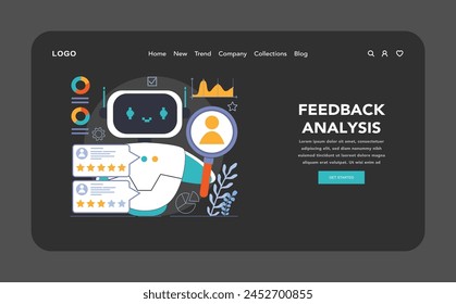 Chat bot dark or night mode web or landing. AI-powered customer service. Online consultation with artificial neural network. Artificial intelligence virtual assistant. Flat vector illustration