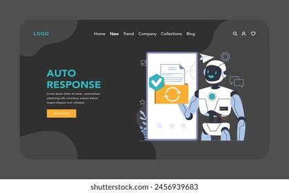 Chat bot dark or night mode web or landing. AI-powered customer service. Online consultation with artificial neural network. Artificial intelligence virtual assistant. Flat vector illustration