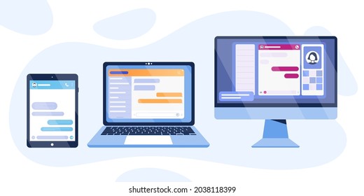 Chat Bot Dialog Windows On Computer, Tablet And Laptop Screen. Online Chat For User Support Or Customer Service Communication. Flat Chatbot Interface For Live Chatting With Form And Message Bubble.