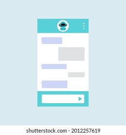 Chat bot dialoge window with cute ai robot on bar. Instant robot chat online service concept. Vector illustration of internet site talk interface with chatbot avatar, message bubbles.