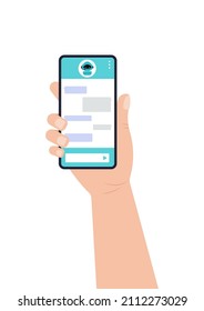 Chat bot dialoge window with cute ai robot on bar flat icon isolated. Online artificial intelligence instant  robot message chat on holding hand mobil phone. Vector illustration of talk interface