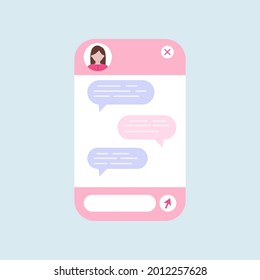 Chat bot dialoge window with woman icon isolated. Pink robot chat online service flat concept. Vector illustration of talk interface with female chatbot robot and message bubbles.