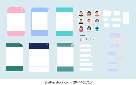 Paquete de creador de ventanas de diálogo de bots de charla. Juego de servicio de chat en línea de un robot. Ilustración vectorial de la interfaz de charla con robot chatbot, avatar de mujer, hombre y cliente, burbuja de mensajes, elementos adicionales