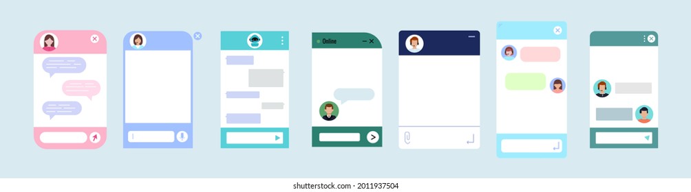 Chat bot dialoge windows flat design set isolated. Ai robot chat online service concept. Vector illustration of talk interface with chatbot robot, woman, man and customer avatar, message bubble.