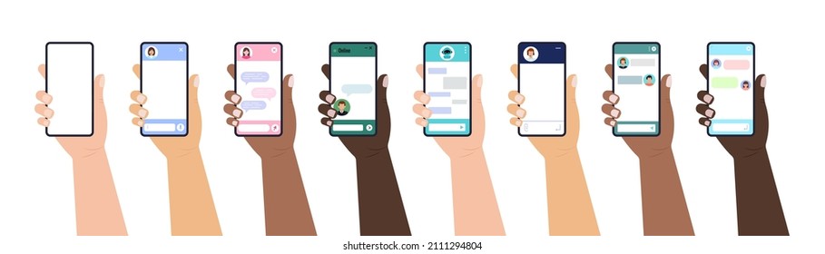 Chat bot dialoge windows on smartphone screen flat design set isolated. Online artificial intelligence robot message chat on holding hand mobil phone. Vector illustration of talk interface