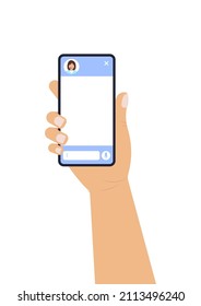 Chat bot dialoge windows on smartphone screen with woman in headset. Online artificial intelligence robot message chat on holding hand mobil phone. Vector flat design illustration of talk interface.