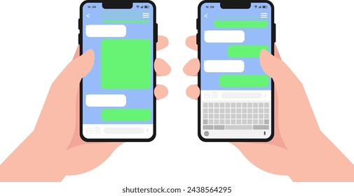 Chat bot dialoge windows on smartphone screen flat design set isolated, Chat on smartphone screen. Hand holds smartphone, Instant messaging, texting messenger ui concepts.