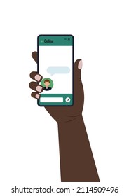Chat bot dialogue windows on smartphone screen with man  in business suit flat design isolated. Online artificial intelligence robot message chat on holding hand mobile phone. Vector illustration