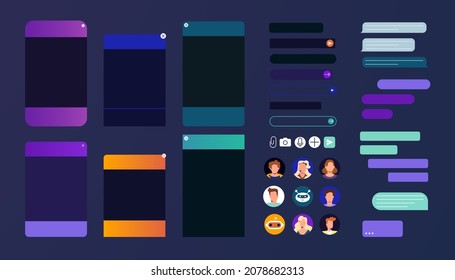 Chat bot dialogue windows set in dark night mode. Talk interface with consultant chatbot robot, online personal assistant, user avatar and message bubble. Flat design for customer service support.