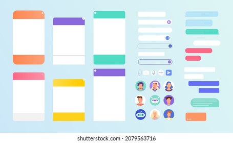 Chat bot dialogue windows set with empty text boxes. Talk interface with user avatar, consultant chatbot robot, online personal assistant and message bubble. Flat design for customer service support.