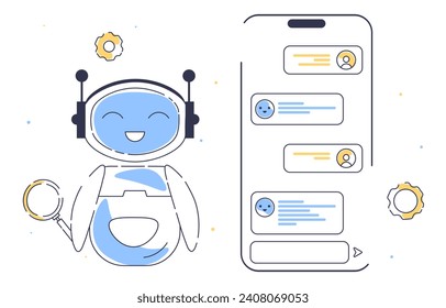 Chat-Bot-Doodle-Konzept. Virtueller Helfer und Assistent. Künstliche Intelligenz und maschinelles Lernen. Moderne Technologien und Innovationen. Lineare flache Vektorgrafik einzeln auf weißem Hintergrund