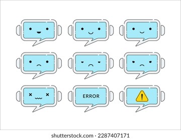 Chat bot emotions set. Virual assistant icons. Artificial intelligence.
Flat vector illustration. UI UX user interface. Cute robot mascot design