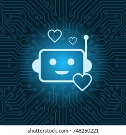 Chat Bot Face Icon Heart Shape Robot Over Blue Circuit Motherboard Background Vector Illustration