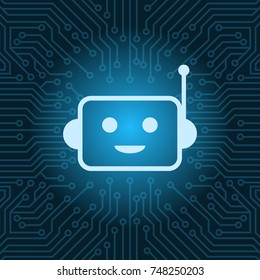 Chat Bot Face Icon Smiling Robot Over Blue Circuit Motherboard Background Vector Illustration