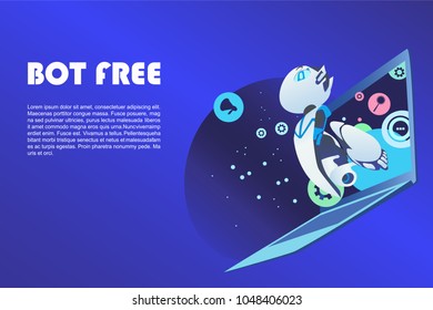 Chat Bot Free, Robot Virtual Assistance Of Website Or Mobile Applications, Artificial Intelligence Concept Soaring up Flat Vector Illustration. Software Banner, Website