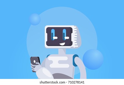Chat Bot Free Wallpaper. The robot holds the phone, responds to messages. Vector flat illustration