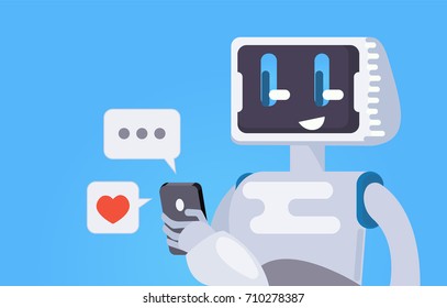 Chat Bot Free Wallpaper. The robot holds the phone, responds to messages. Vector flat illustration