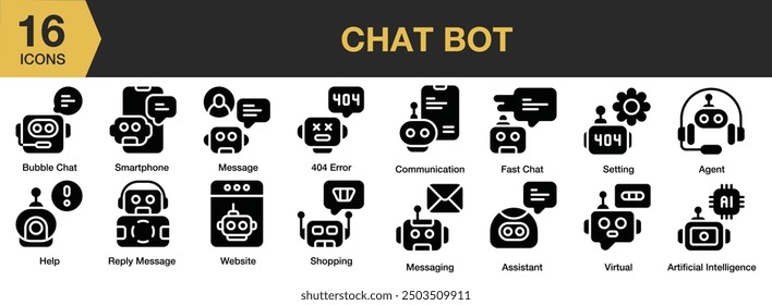 Conjunto de iconos de glifo de bot de chat. Incluye error, agente, asistencia, chat de burbujas y más. Colección de Vector de iconos sólidos.