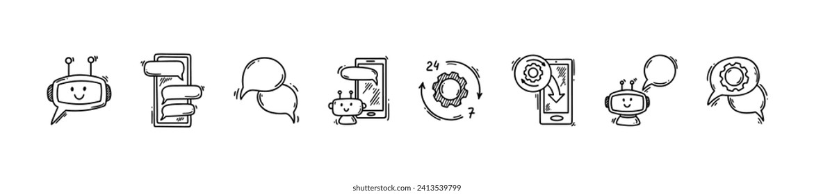 Chat bot hand drawn doodle icons. Set of chatbot robot outline illustrations. Ai, virtual service, customer support, virtual assistant concepts and logos. Outline sketch vector illustration