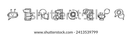 Chat bot hand drawn doodle icons. Set of chatbot robot outline illustrations. Ai, virtual service, customer support, virtual assistant concepts and logos. Outline sketch vector illustration