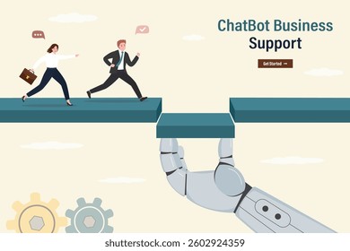 Chat bot hand helping connect missing pieces bridge for team members to cross gap or overcoming obstacles. AI robot support business team to success, solution or assistance. flat vector illustration