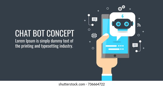 Chat Bot, Hand With Mobile Phone, Messaging Concept. Flat Vector Illustration.