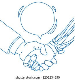 Chat bot hand shaking with human robot virtual assistance chat bubble artificial intelligence concept sketch doodle vector illustration